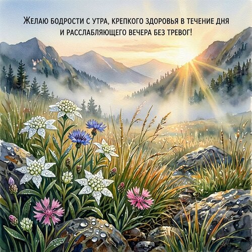 Открытка Желаю бодрости с утра, крепкого здоровья в течение дня и расслабляющего вечера без тревог!