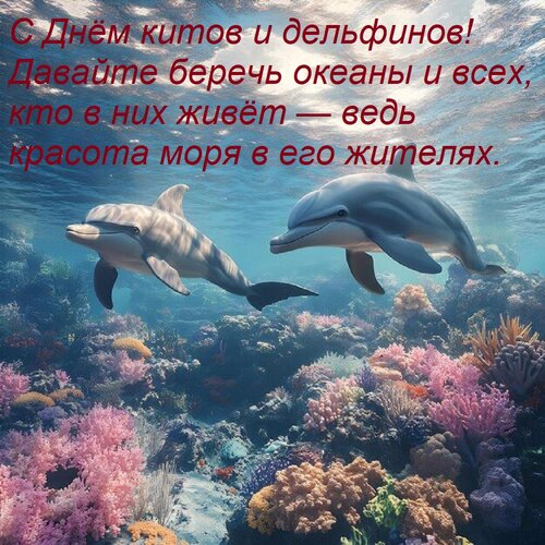 Открытка С Днём китов и дельфинов! Давайте беречь океаны и всех, кто в них живёт — ведь красота моря в его жи