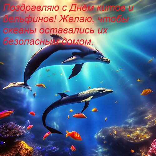 Открытка Поздравляю с Днём китов и дельфинов! Желаю, чтобы океаны оставались их безопасным домом.