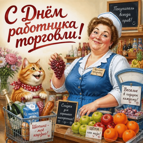 Анимированная открытка С Днём работника торговли! Покупатель всегда прав! Цена что надо! Веселье в подарок каждому!