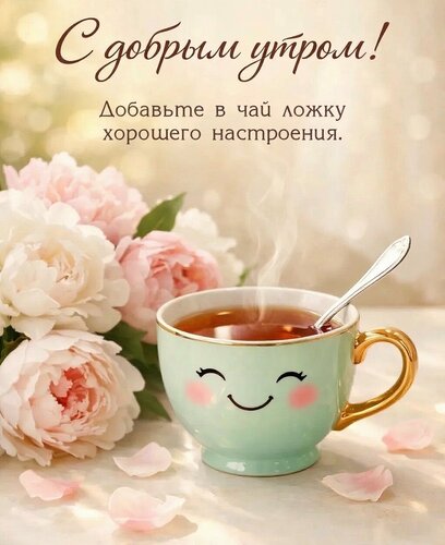 Открытка С добрым утром! Добааьте в чай ложку хорошего настроения.