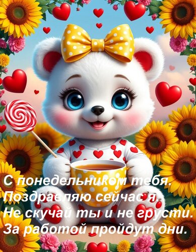 Открытка С понедельником тебя. Поздравляю сейчас я. Не скучай ты и не грусти. За работой пройдут дни.