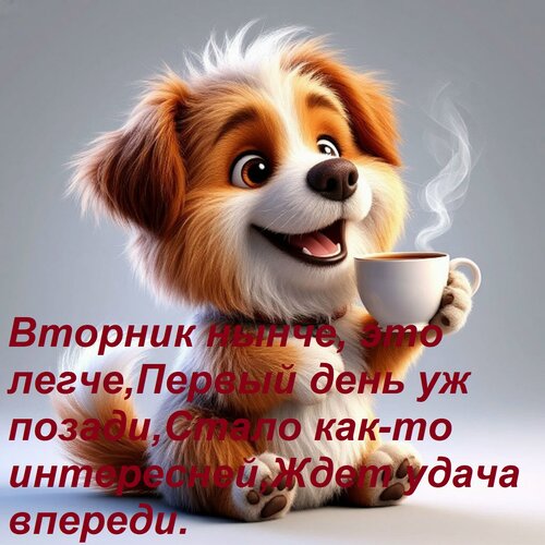 Открытка Вторник нынче, это легче, Первый день уж позади, Стало как-то интересней, Ждет удача впереди.