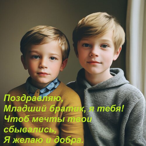 Открытка Поздравляю, Младший братик, я тебя! Чтоб мечты твои сбывались, Я желаю и добра.