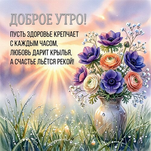 Открытка Доброе утро! Пусть здоровье крепчает с каждым часом, любовь дарит крылья, а счастье льётся рекой.