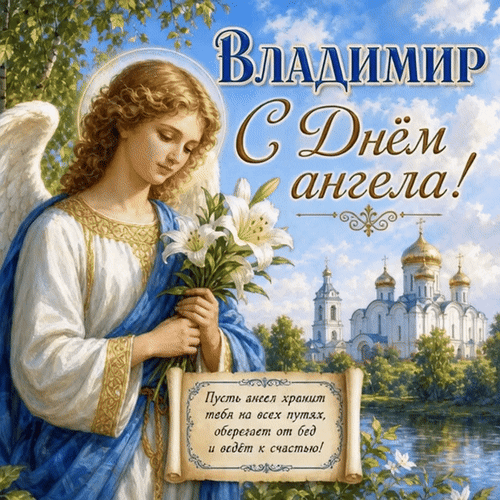 Анимированная открытка Владимир С Днём ангела! Пусть ангел хранит тебя на всех путях, оберегает от бед и ведёт к счастью!