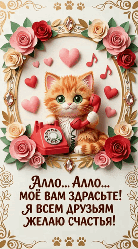 Анимированная открытка Алло... Алло... Моё вам здрасьте! Я всем друзьям желаю счастья!