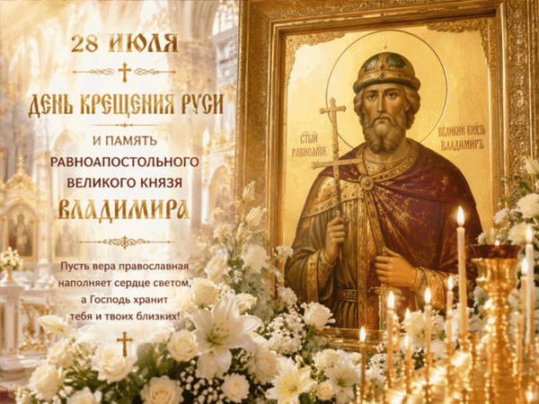 Анимированная открытка 28 июля День крещения Руси и память равноапостольного Великого князя Владимира