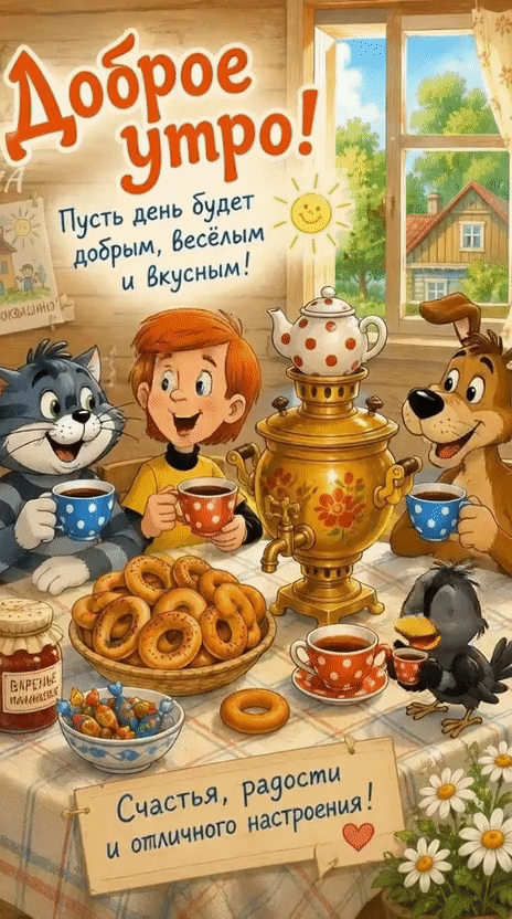 Анимированная открытка Доброе утро! Пусть день будет добрым, весёлым и вкусным! Счастья, радости и отличного настроения!