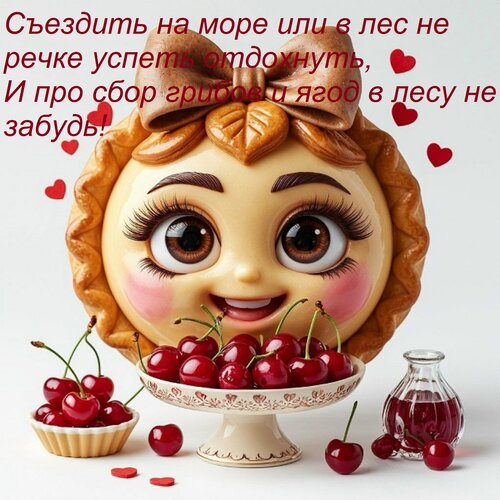 Открытка Съездить на море или в лес не речке успеть отдохнуть, И про сбор грибов и ягод в лесу не забудь!
