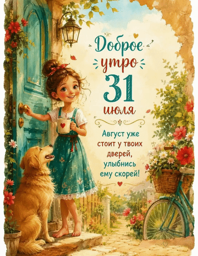 Анимированная открытка Доброе утро. 31 июля Август уже стоит у твоих дверей, улыбнись ему скорей!