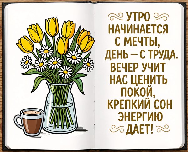 Открытка Утро начинается с мечты, День — с труда. Вечер учит нас ценить покой, Крепкий сон энергию дает!