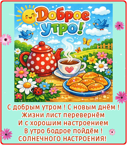 Анимированная открытка Доброе утро! С добрым утром! С новым днём! Жизни лист перевернем и с хорошим настроением в утро бодр