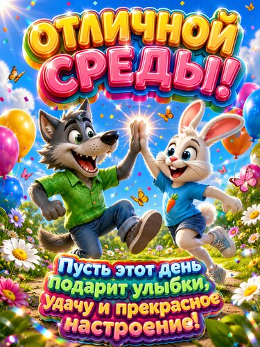 Открытка Яркая открытка с добрыми героями, улыбками и отличным настроением для счастливой среды!