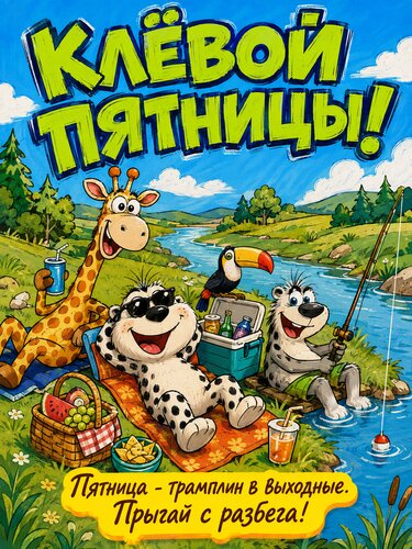 Открытка Клёвой пятницы! Яркий отдых у реки, улыбки, пикник и летнее настроение!