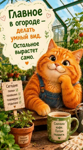 Анимированная открытка Главное в огороде - делать умный вид. Остальное вырастет само. Сначала кофе. Потом подвиги.
