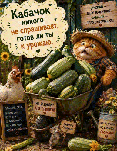 Анимированная открытка Кабачок никого не спрашивает, готов ли ты к урожаю. Кабачок главный. Не ждали? А я пришёл!