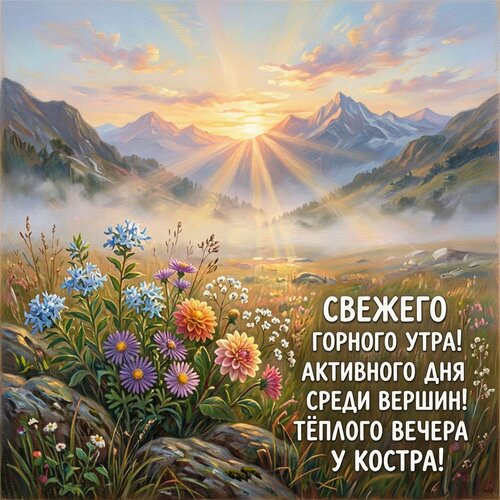 Открытка Свежего горного утра! Активного дня среди вершин! Тёплого вечера у костра!