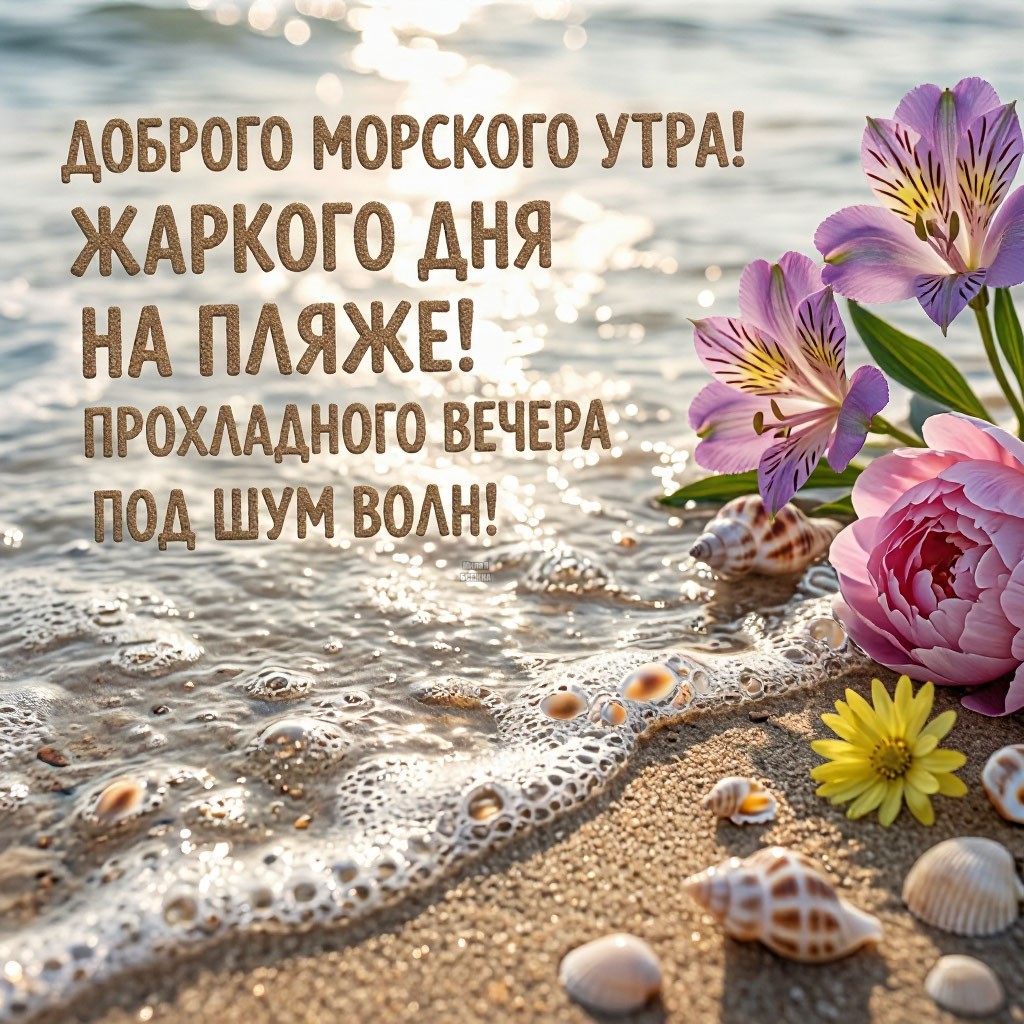 Открытка Доброго морского утра! Жаркого дня на пляже! Прохладного вечера под шум волн!