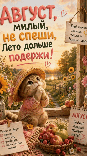 Анимированная открытка Август, милый, не спеши, лето дольше подержи! Ещё немного солнца, тепла и вкусных дней.