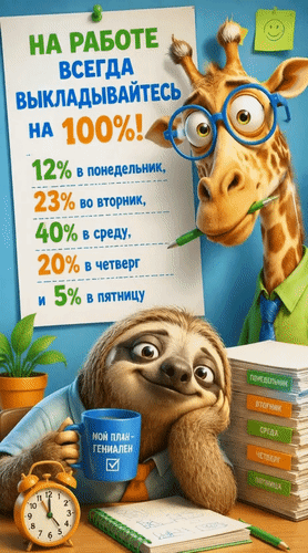 Анимированная открытка На работе всегда выкладывайтесь на 100%! 12% в понедельник, 23% во вторник, 40% в среду, 20% в четве