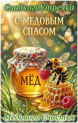 Открытка МЕДОВЫЙ СПАС, СЛАДКОГО УТРЕЧКА, МЕДОВОГО СЧАСТЬЯ