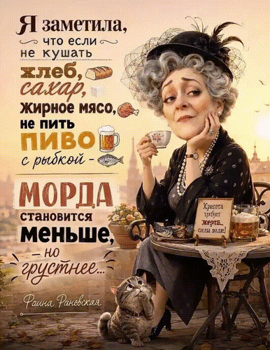 Анимированная открытка Я заметила, что если не кушать хлеб, сахар, жирное мясо, не пить пиво с рыбкой - морда становится ме