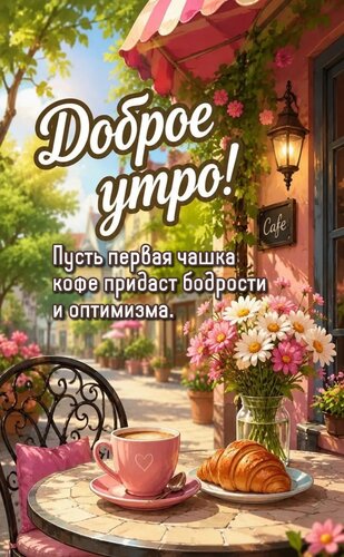 Открытка Пусть первая чашка кофе придаст бодрости и оптимизма.