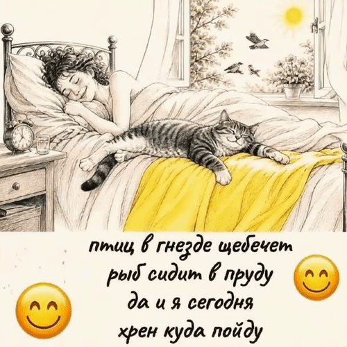 Анимированная открытка птиц в гнезде щебечет /рыб сидит в пруду/да и я сегодня / хрен куда пойду