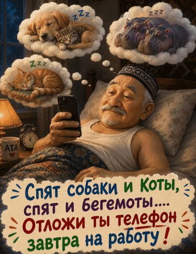 Анимированная открытка Спят собаки и коты, спят и бегемоты... Отложи ты телефон - завтра на работу!