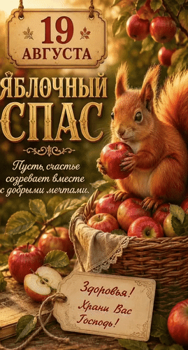 Анимированная открытка 19 августа Яблочный спас Пусть счастье созревает вместе с добрыми мечтами. Здоровья! Храни Вас Госп