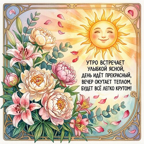 Открытка Утро встречает улыбкой ясной, День идёт прекрасный, Вечер окутает теплом, Будет всё легко кругом!