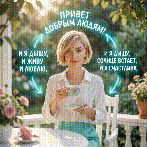 Анимированная открытка Привет добрым людям! И я дышу, и живу, и люблю. и я дышу, солнце встает и я счастлива.