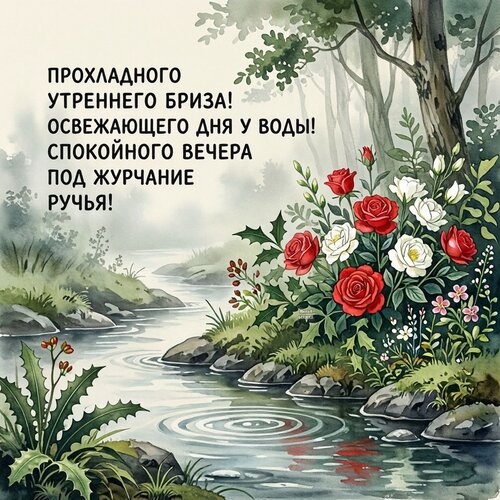 Открытка Прохладного утреннего бриза! Освежающего дня у воды! Спокойного вечера под журчание ручья!