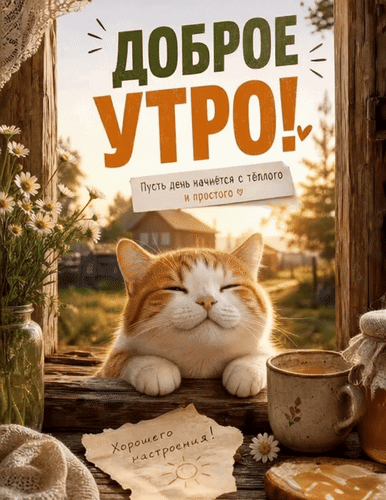 Анимированная открытка Доброе утро! Пусть день начнётся с тёплого и простого. Хорошего настроения!