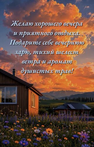 Открытка Желаю хорошего вечера и приятного отдыха. Подарите себе весернюю зарю, тихий шелест ветра и аромат