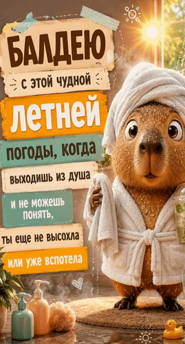 Анимированная открытка Балдею с этой чудной летней погоды, когда выходишь из душа и не можешь понять, ты еще не высохла или