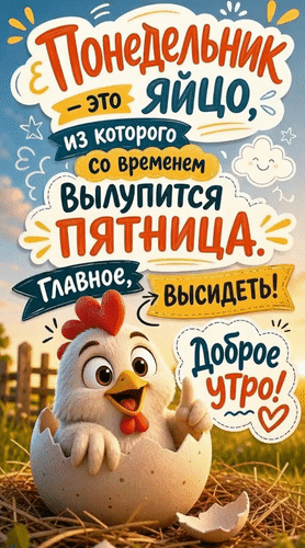 Анимированная открытка Понедельник - это яйцо, из которого со временем вылупится пятница. Главное, высидеть! Доброе утро!