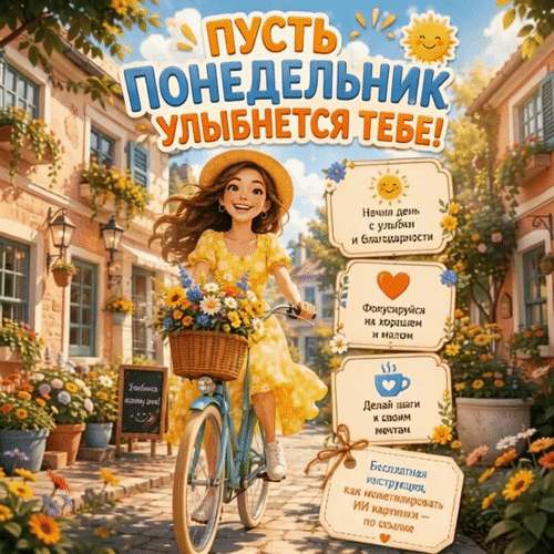 Анимированная открытка Пусть понедельник улыбнется тебе! Начни день с улыбки и благодарности. Фокусируйся на хорошем и мало