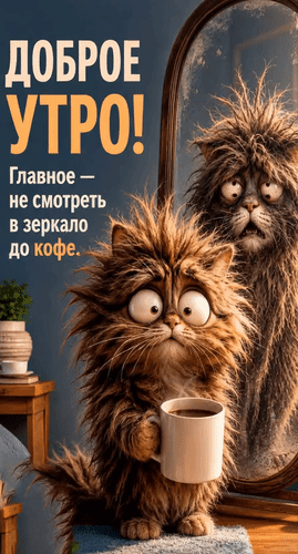 Анимированная открытка Доброе утро! Главное - не смотреть в зеркало до кофе.