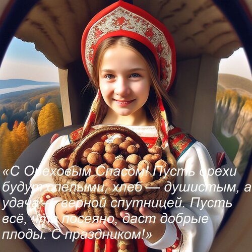 Открытка «С Ореховым Спасом! Пусть орехи будут спелыми, хлеб — душистым, а удача — верной спутницей. Пусть вс