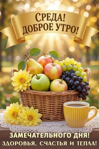 Открытка СРЕДА! ДОБРОЕ УТРО! ЗАМЕЧАТЕЛЬНОГО ДНЯ! ЗДОРОВЬЯ, СЧАСТЬЯ И ТЕПЛА!