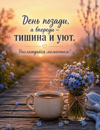 Анимированная открытка День позади, а впереди - тишина и уют. Наслаждайся моментом!