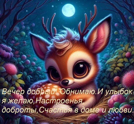 Открытка Вечер добрый! Обнимаю И улыбок я желаю, Настроенья, доброты, Счастья в доме и любви.