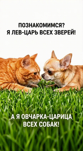 Анимированная открытка Познакомимся? Я лев - царь всех зверей! А я овчарка - царица всех собак!
