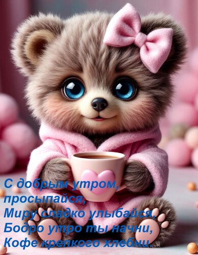 Открытка С добрым утром, просыпайся, Миру сладко улыбайся, Бодро утро ты начни, Кофе крепкого хлебни.