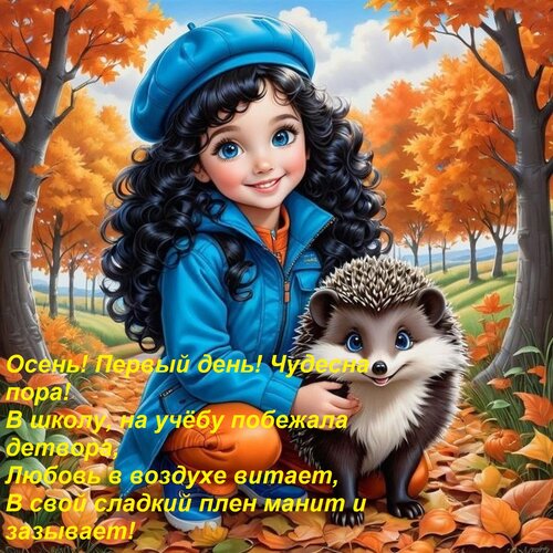 Открытка Осень! Первый день! Чудесна пора! В школу, на учёбу побежала детвора, Любовь в воздухе витает, В сво