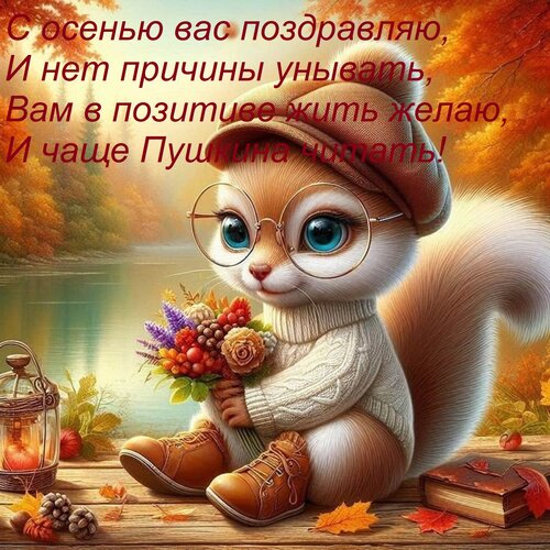 Открытка С осенью вас поздравляю, И нет причины унывать, Вам в позитиве жить желаю, И чаще Пушкина читать!