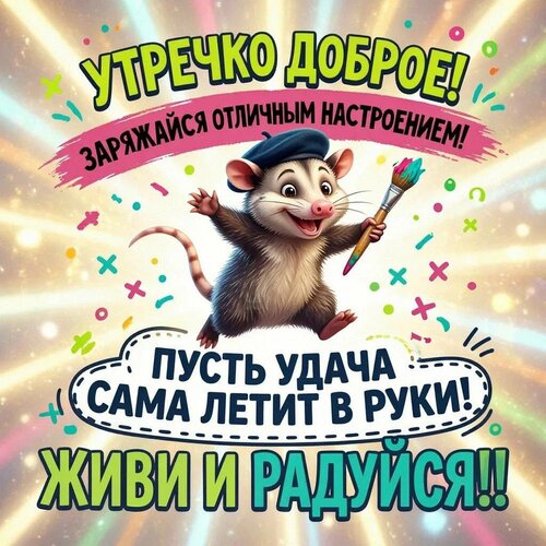 Открытка Утречко доброе! Заряжайся отличным настроением! Пусть удача сама летит в руки! Живи и радуйся!