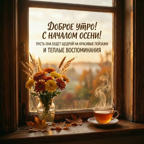 Открытка С началом осени! Пусть она будет щедрой на красивые пейзажи и теплые воспоминания.